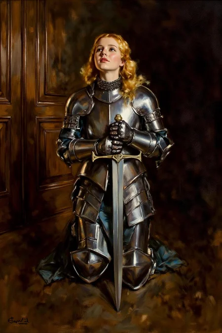 howardchandlerchristy1 illustration.
A young woman, facing directly at the viewer, is dressed in polished medieval armor, kneeling in a dimly lit, richly paneled room. she is holding a broadsword with both hands. She gazes upward with a contemplative expression, her blonde, shoulder-length hair cascading down her back. <lora:howardchandlerchristy1_d8a4e11:1.0><lora:865837251483965669:0>