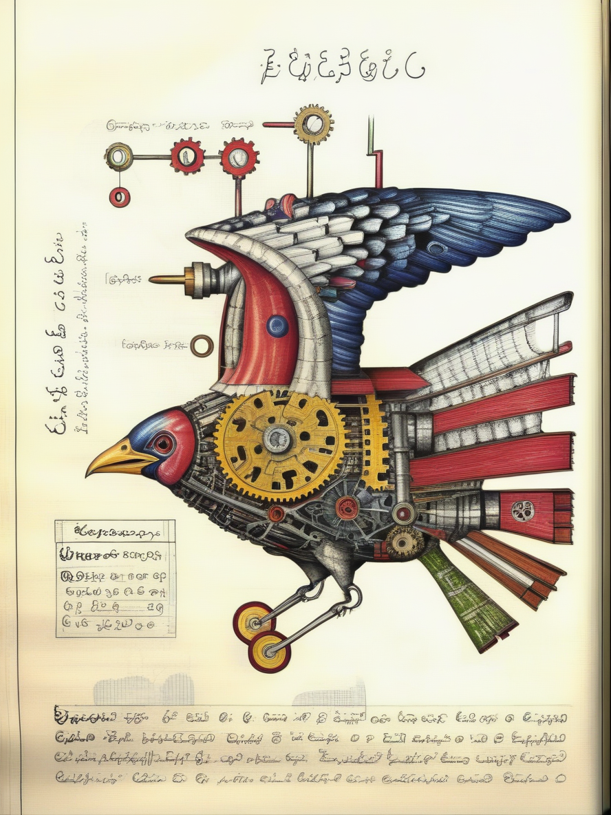 serafini style, a drawing of a mechanical bird, diagram, <lora:Serafini_Style_XL_V1:0.8>