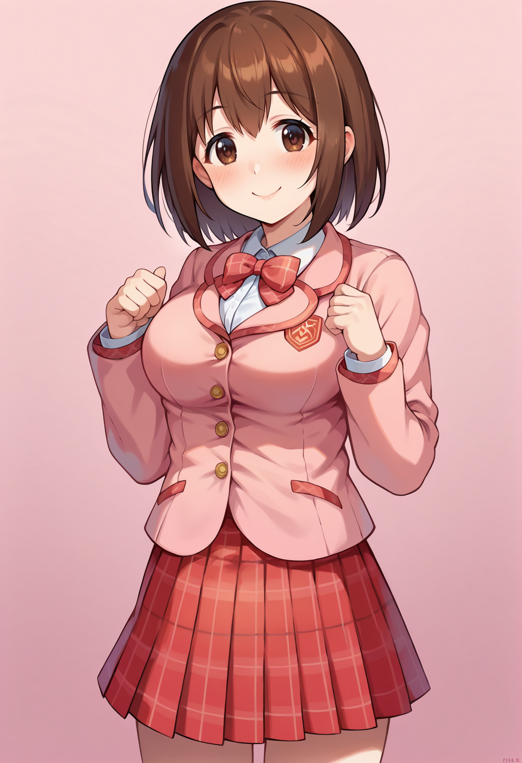 score_9, score_7_up, hd, (ultra hd quality details), source_anime, gradient background, pink background,
solo, 1girl, large breasts, kusanoyuibase, brown hair,
school uniform, pink jacket, red skirt, plaid skirt, 
looking at viewer, blush, smile,
standing,
<lora:_yui_pcr-elesico-ponyr1:1>