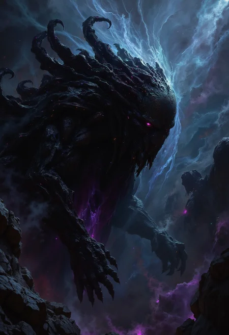 DB4RZ style painting,A dark, ethereal lich spirit floats in a haunting void, its form barely visible, flickering with deep violet and midnight blue hues. Its ghostly figure, shadowy and graceful, exudes an eerie, ancient energy. Wisps of darkness swirl around the spirit, shimmering with faint traces of arcane magic. Its texture appears almost spectral, with tendrils of black mist spiraling from its form. The surrounding space feels ominous and otherworldly, as if this spirit has long transcended life. Its hollow gaze pierces through the darkness, cold and distant, exuding a powerful, foreboding presence that sends shivers down the spine. The scene is filled with a sense of mystery and dread, as if this otherworldly being holds secrets from beyond the grave, an embodiment of ancient sorcery and untold power.