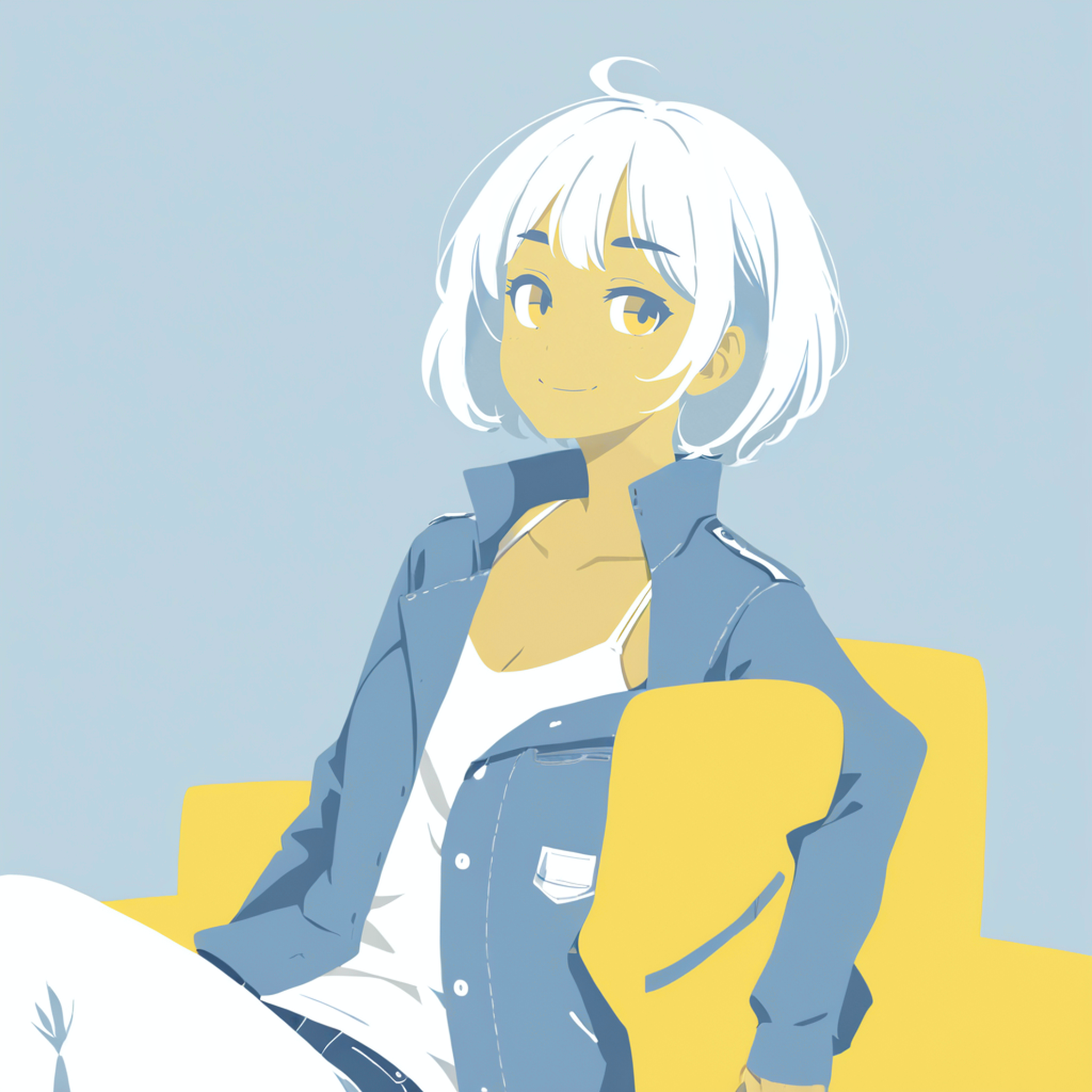 best quality, very aesthetic, absurdres,
(limited palette, flat color:1.6), [light blue|gray] theme, (outline,bolder:-1)
1girl,solo, parted bangs, thick eyebrows , white hair, short hair, yellow eyes, tan, sidelocks, colored inner hair, (blue hair:0.8), jitome,tareme,smile
medium breasts, sitting on yellow sofa, looking up,
blue truck jacket, white camisole, jeans, simple light blue background,
<lora:StS_age_slider_v1_initial_release:1>,<lora:No_outline:1>