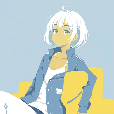 best quality, very aesthetic, absurdres,
(limited palette, flat color:1.6), [light blue|gray] theme, (outline,bolder:-1)
1girl,solo, parted bangs, thick eyebrows , white hair, short hair, yellow eyes, tan, sidelocks, colored inner hair, (blue hair:0.8), jitome,tareme,smile
medium breasts, sitting on yellow sofa, looking up,
blue truck jacket, white camisole, jeans, simple light blue background,
<lora:StS_age_slider_v1_initial_release:1>,<lora:No_outline:1>