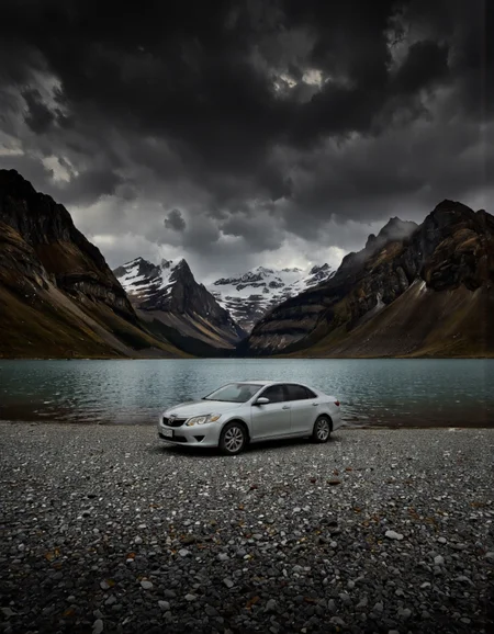 By Ibai Acevedo. A car is positioned on the shore of a large body of water, surrounded by rugged mountains under a dark, stormy sky. the car is the focal point of the image, positioned in the middle of the frame, with the vast expanse of the water stretching out in front of it. the sky is filled with dark, ominous clouds, adding to the ominous atmosphere of the scene. the mountains in the background are covered in snow, creating a stark contrast with the car's sleek design and the vastness of the landscape. the overall mood is ominous and foreboding, with a sense of mystery and solitude.