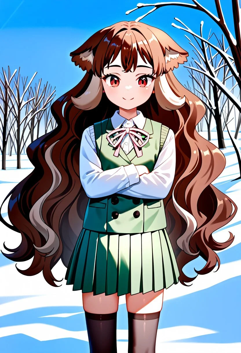 score_9, score_8_up, score_7_up, score_6_up, score_5_up, score_4_up,, 1girl, solo, original anime,
Man Koorimoto, Very Long Hair, Brown Hair, Wavy Hair, Short Bangs, Wavy Hair, Two-Tone Hair, Mammoth Ears (Red Eyes: 1.2), Green Vest, Green Skirt, School Uniform, Collared Shirt, Black Stockings, Pink Bow, White Shirt, Long-Sleeved Shirt,
Standing, Smile, Snowy Meadow, Grass, Beautiful Sky,