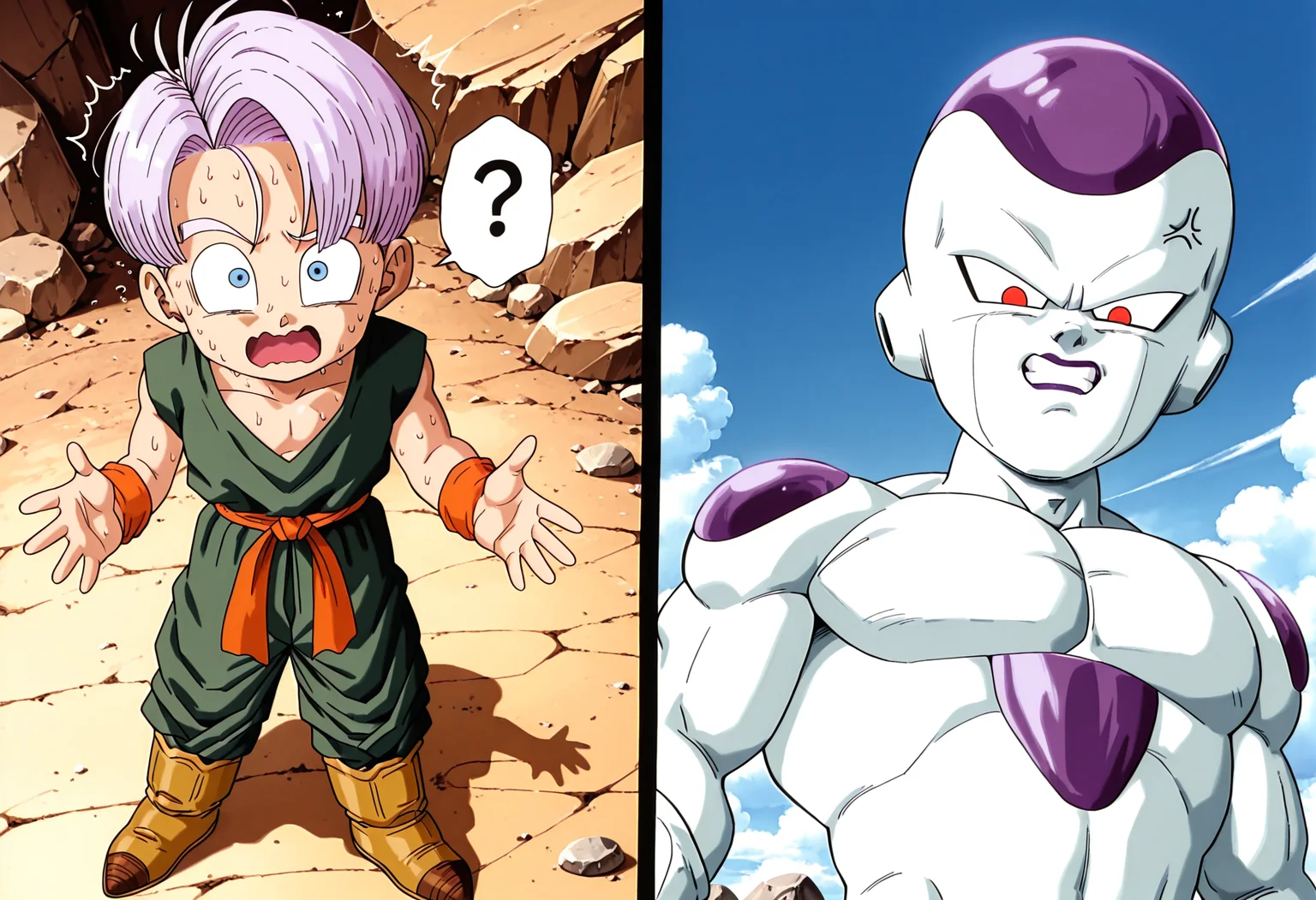 masterpiece,best quality,amazing quality,very aesthetic,absurdres,newest, highres,very awa, 2boys, multiple views, 2koma,
<lora:Kid_Trunks_-_DBZ-000011:1>, 1boy, male child, kidtrunks, blue eyes, purple hair, light purple hair, short hair, green dougi, orange wristband, orange sash, green pants, baggy pants, yellow boots, nervous sweating, confusion, open mouth, wavy mouth, scared, wide eyed, leaning back, size difference, age difference, height difference, from above, spoken question mark, looking up, looking at viewer, hands up, rock,
<lora:friezaill:1>, 1boy, muscular, alien, friezaxl, white skin, red eyes, v-shaped eyes, no eyebrows, purple lips, clenched teeth, serious, angry, anger vein, hate, clenched hands, rock, sky, cloud, from below, looking down, looking at viewer, upper body, large male, mature male, outdoors,
