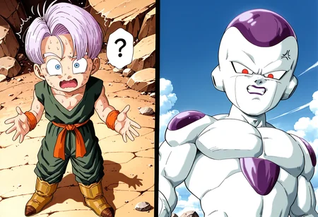 masterpiece,best quality,amazing quality,very aesthetic,absurdres,newest, highres,very awa, 2boys, multiple views, 2koma,
<lora:Kid_Trunks_-_DBZ-000011:1>, 1boy, male child, kidtrunks, blue eyes, purple hair, light purple hair, short hair, green dougi, orange wristband, orange sash, green pants, baggy pants, yellow boots, nervous sweating, confusion, open mouth, wavy mouth, scared, wide eyed, leaning back, size difference, age difference, height difference, from above, spoken question mark, looking up, looking at viewer, hands up, rock,
<lora:friezaill:1>, 1boy, muscular, alien, friezaxl, white skin, red eyes, v-shaped eyes, no eyebrows, purple lips, clenched teeth, serious, angry, anger vein, hate, clenched hands, rock, sky, cloud, from below, looking down, looking at viewer, upper body, large male, mature male, outdoors,