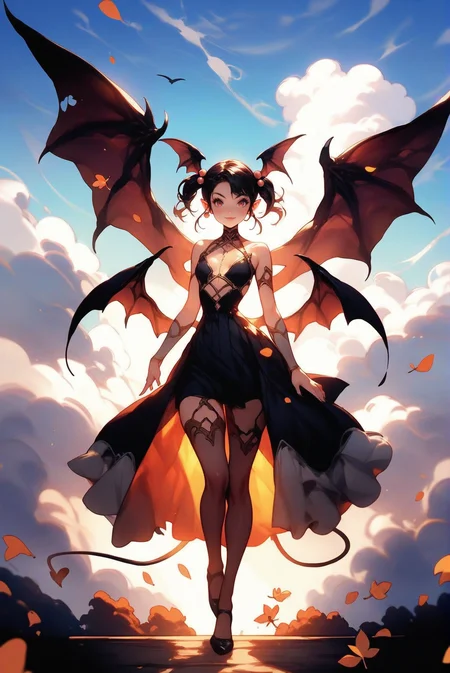 source_anime, score_9, score_8_up, score_7_up, anime style, big pretty eyes, rating_questionable, 1girl, woman, (foggy Christian Girl Autumn:1.3) cute succubus, wings, full body, [:outlandish, intricate costume design,:0.2], bombshell hair, black hair, hair bobbles, soft body, wide hips, narrow waist, small breasts, albino, golden hour, blue sky, clouds, scenery, "at the Hazy Supernatural Dimension"<lora:EnvyPonyPrettyEyes01:1>