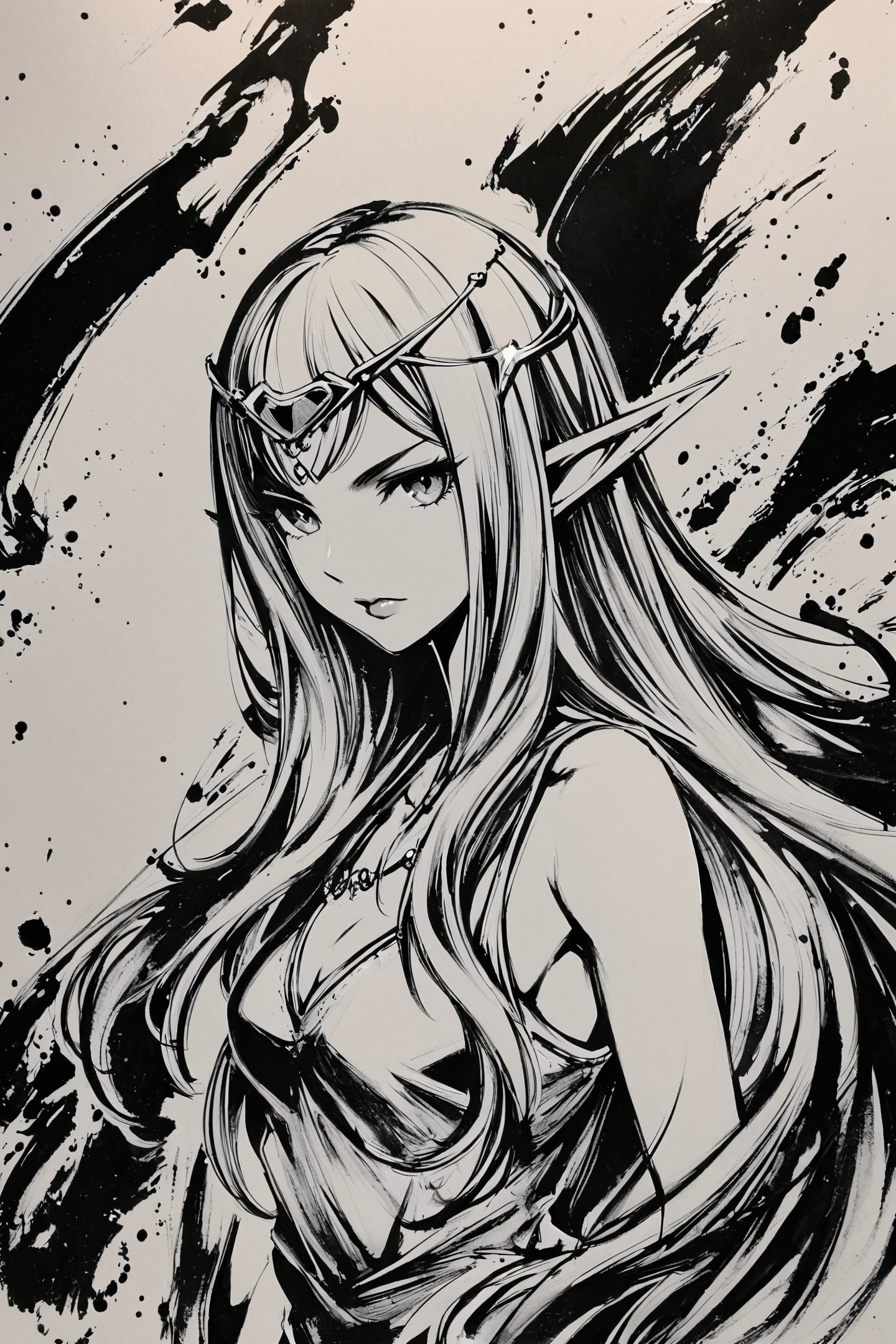 monochrome,greyscale,1girl,pointy ears,solo,elf,long hair,looking at viewer,circlet,upper body,medium breasts,dress,sleeveless,lips,bangs,closed mouth,traditional media,
<lora:okazu_XL:0.9>,