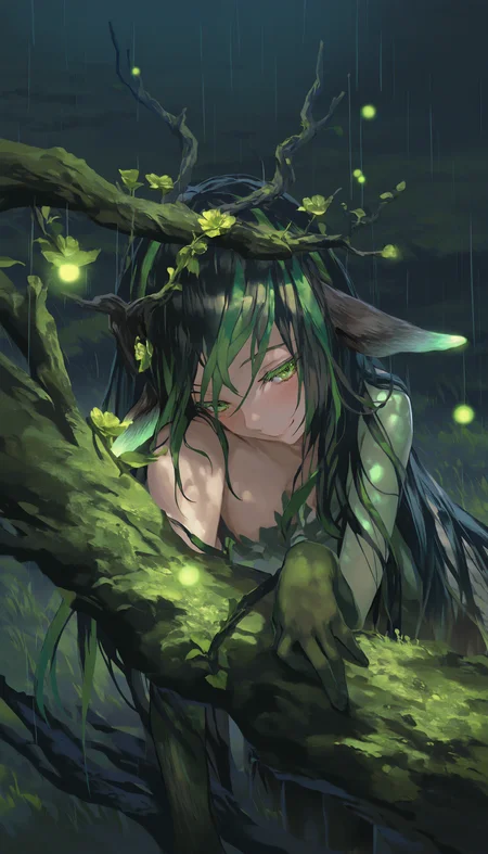 by [lack|fuzichoco|lam|kinta \(distortion\)|wlop|quasarcake|nixeu|happoubi jin|hoshi rousoku],
dryad, 1girl, two-tone skin, black hair, multicolored hair, two-tone skin, grass body, smile, flower,  green eyes, colored eyelashes, (half-closed eyes:0.7), blush, very long hair, green hair, tree shade, leaning to the side, head tilt, black theme, backlighting, moonlight, night, green glow, bioluminescence, deer ears, impasto, rain, soft focus, close-up, from above, fireflies,
masterpiece, best quality, very aesthetic, absurdres
<lora:illustrious_all_rated_v1:1>