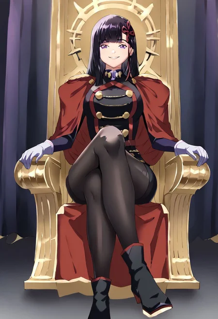 yamashiro768, purple eyes, 1girl, pantyhose, solo, purple eyes, crossed legs, gloves, sitting, smile, black hair, throne, looking at viewer, long hair, boots, white gloves, hair ornament, black pantyhose, bangs, black footwear, cape, breasts