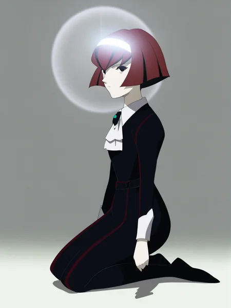 source_anime, score_9, score_8_up, score_7_up, anime screencap, 8k, absurd res, <lora:BigO_PDXLv1 Dorothy-000060:0.8> 1girl, solo, r. dorothy wayneright, short hair, black dress, black pantyhose, red hair, black eyes, green brooch, pale skin, simple background, flashlight hairband, full body, from side, looking at viewer,