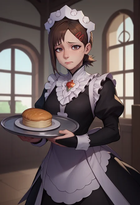 score_9, score_8_up, score_7_up, solo, 1girl, kobenirnd, mole under eye, mole under mouth, sweat, flustered, looking at viewer, holding tray, single sidelock, short ponytail, hairclip, brown hair, brown eyes fates maid, maid headdress, maid apron, bridal gauntlets, black thighhighs, indoors <lora:csm_higashiyamakobeni_ponyXL:1> <lora:fatesmaid-fe-richy-v1_pdxl:1>