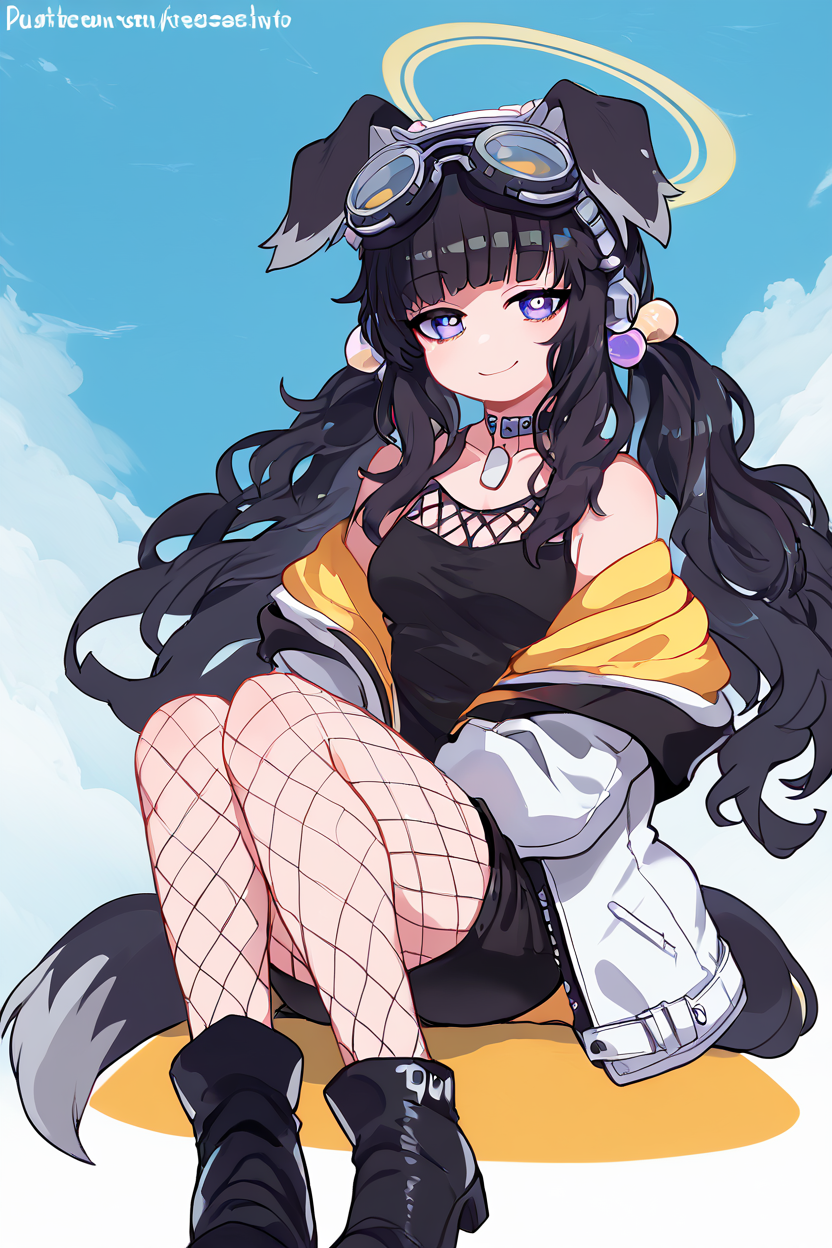 score_9, score_8_up, score_8, medium breasts, (curvy), cute, eyelashes,       BREAK, , ,,, zzHibiki, yellow eyes, black hair, long hair, animal ears, dog ears, dog tail, halo, (black shirt), white jacket, open jacket, black shorts, boots, fishnet pantyhose, off-shoulder, dog tags, purple eyes, <lora:Hibiki_BlueArchive_PDXL_v2:0.8>,   ,,,, BREAK, smile, looking at viewer, cowboy shot, ,,, embedding:zPDXL, Expressiveh, ,,, <lora:Zankuro_Style_PDXL:0.8> <lora:SDXLFaeTastic2400:0.5>, <lora:Expressive_H-000001:0.4>,
