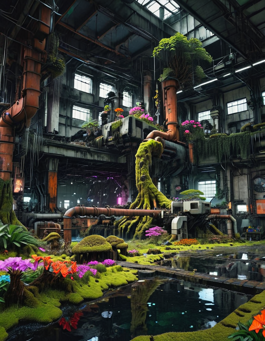 <lora:SWL_Underground1xlb:1.0> swlu1, cyberpunk, underground, futuristic, abandoned, image13, photo of lush overgrown factory interior, cinematic lighting, moss-covered machinery, colorful flowers, reflective water, bonsai trees, low-angle view, post-industrial biome, rusted pipes, soft skylight beams, surreal harmony of nature and decay, photorealistic, ultra detailed,