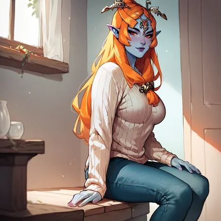 <lora:Lilandava_PDXL:1> score_9, score_8_up, score_7_up, score_6_up, source_cartoon, AdamHughesStyle, <lora:midnazelda_pony_v1:.7> midna, 1girl, blue skin, yellow sclera,, orange hair, medium breasts, red eyes, two-tone skin, long hair,  purple lips,pointy ears, sweater, jeans