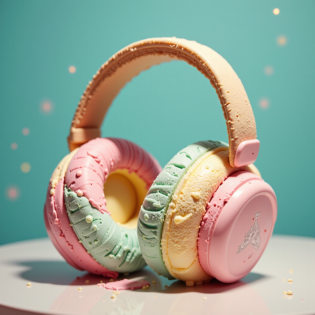 a professional (film grain:1.2) photography of a made entirely out of ice cream GelatoStyle Earmuff<lora:GelatoStyleFlux:0.8>