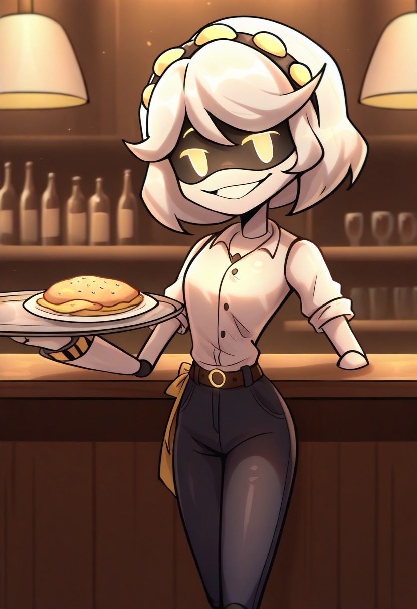 (masterpiece, high quality, highly detailed, best quality), SD-V, 1girl, solo, robot girl, humanoid robot, robot joints, hairband, short white hair, yellow eyes, solid circle pupils,
waitress, cafe, night, tray in hand, bent arm, white shirt, black jeans, skinny jeans, belt on waist, round tables, tables in the background, smile, half-open eyes, drinks on a tray, bar counter, food on tables
looking at viewer