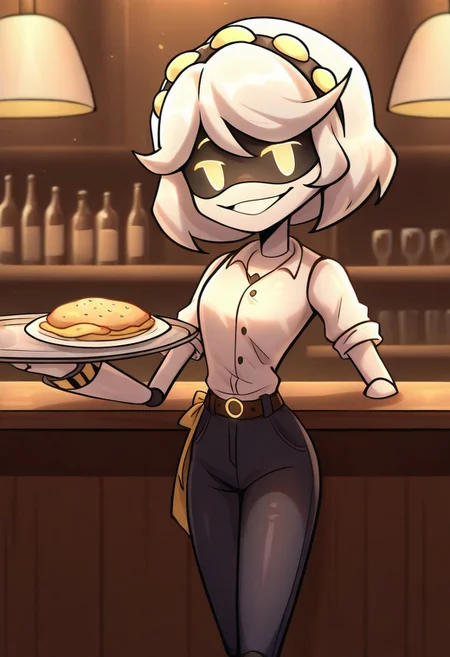 (masterpiece, high quality, highly detailed, best quality), SD-V, 1girl, solo, robot girl, humanoid robot, robot joints, hairband, short white hair, yellow eyes, solid circle pupils,
waitress, cafe, night, tray in hand, bent arm, white shirt, black jeans, skinny jeans, belt on waist, round tables, tables in the background, smile, half-open eyes, drinks on a tray, bar counter, food on tables
looking at viewer