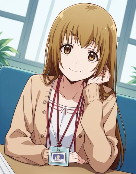 score_9, score_8_up, score_7_up, source_anime, <lora:saya-miyoshi-s1-ponyxl-lora-nochekaiser:1>, saya miyoshi, long hair, brown hair, brown eyes,, collarbone, cardigan, id card, lanyard,, indoors, smile, looking at viewer, solo, sitting, head rest, table,, cowboy shot, dutch angle