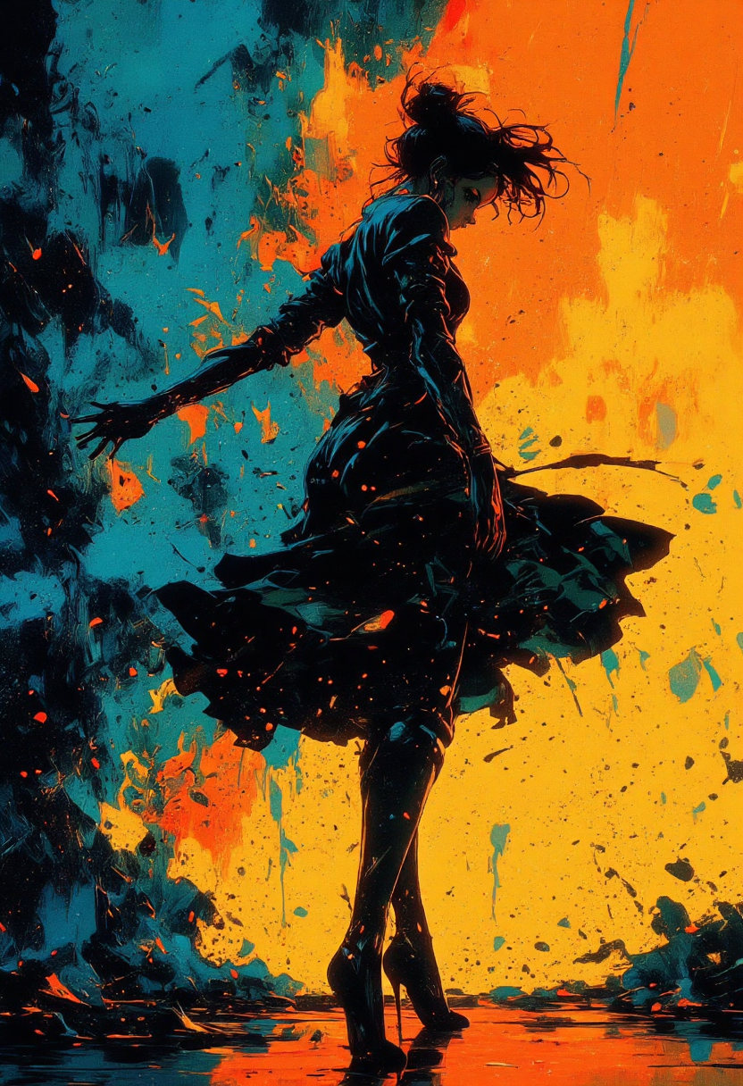 An abstract painting of a womanâs silhouette in a graceful dancing pose, rendered in flowing, curving brushstrokes. Her figure is depicted as a dark, slender shape against a vibrant background of swirling colors Blazing Sun, Onyx Black, and Misty Blue that blend and overlap, creating a sense of movement. The paint appears layered and textured, with splashes and drips that add an energetic, spontaneous feel to the piece. Soft edges around her silhouette make it look as if sheâs in motion, blending slightly with the background. (abstract expressionism, dynamic brushstrokes, high contrast)