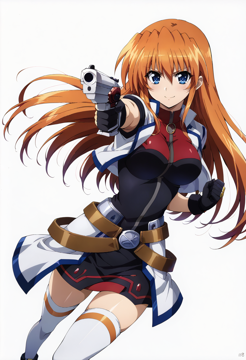 score_9, score_8_up, score_7_up, BREAK source_anime, rating_explicit, best quality, masterpiece, uncensored, absurdres, unity 8k wallpaper, official art, official style, (ai-generated:0.6), (hyper extreme detailed:1.4), maximum details, beautiful detailed eyes, (animation cel:1.3), (megami magazine:1.2), (anime coloring:1.2), 1girl, TeaLanster, solo, (dutch angle), character focus,  (18 years old:1.25), (mahou shoujo lyrical nanoha-like face:1.1), medium breasts, slender, narrow waist, (shiny skin: 1.1), orange hair, blue eyes, long hair, smirk, black and red dress, short dress, white cropped jacket, black gloves, waistcape, brown belts, white thighhighs, black shoes, standing, fighting stance, fluttering dress, holding pistol, (aiming at viewer:1.2), looking at viewer, simple background, white background, (lens flare:0.5), midnight lighting, <lora:susamix010-pony:0.5> <lora:Teana_Lanster_-_Mahou_Shoujou_Lyrical_Nanoha_Magical_Girl_Lyrical_Nanoha-000008:0.9>