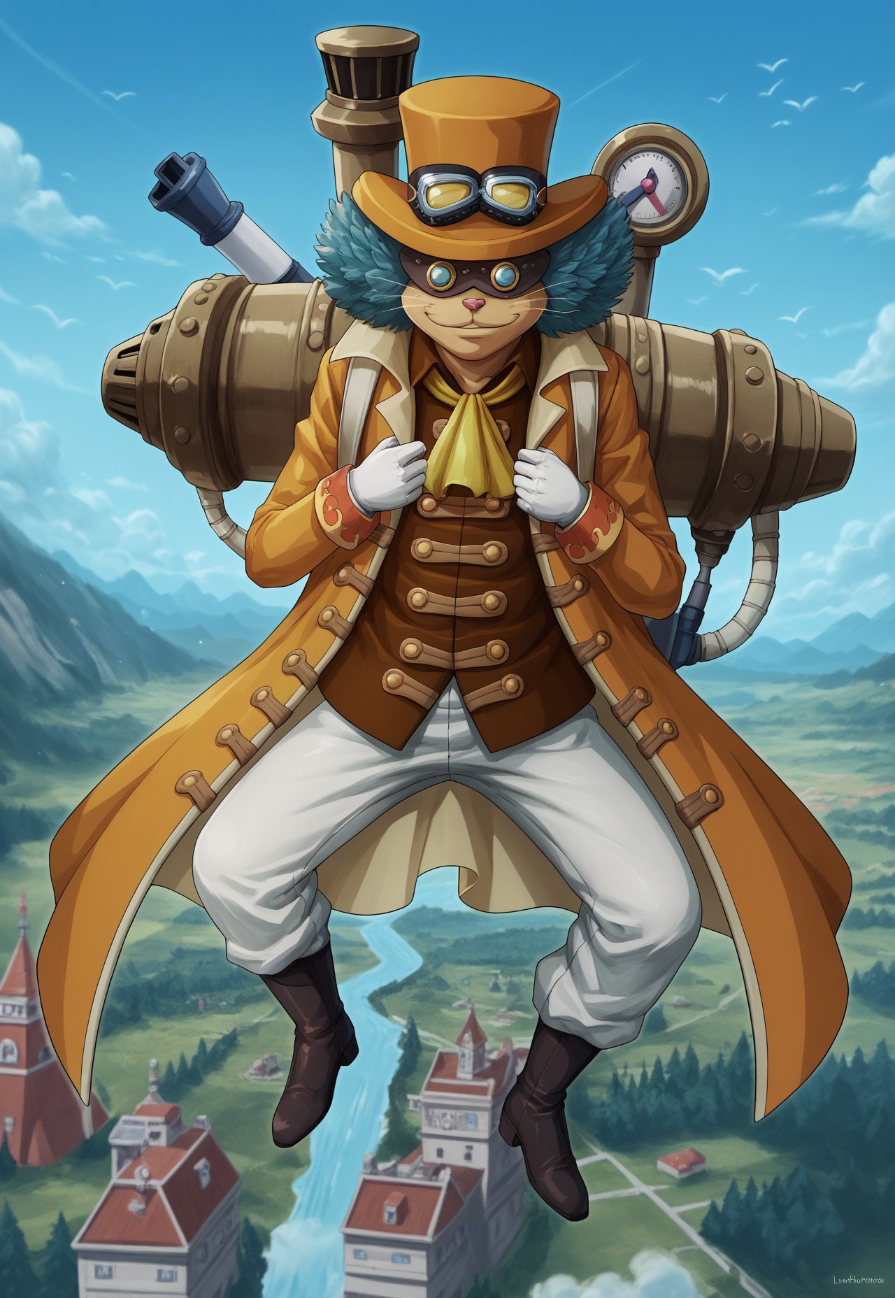 lindberghop, score_9, score_8_up, score_7_up, detailed, solo, full body, 1boy, top hat, goggles, blue hair, coat, ascot, shirt, gloves, pants, boots, jetpack, BREAK, outdoors, flying