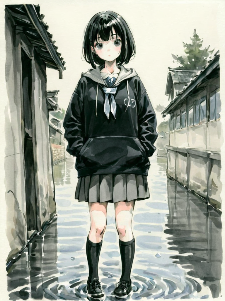 <lora:xl_shuimo-000012:1>,ink wash painting,1girl, solo, skirt, hood, socks, black hair, hoodie, kneehighs, hands in pockets, school uniform, necktie, black eyes, short hair, water, hood down, shoes
