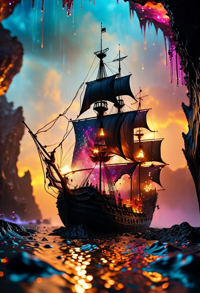 (sailing on vast expansive completely viscous liquid dreamscape gooey organic surface material with gleaming:1.28) sap, (pitch black dark midnight:1.2), miniature (immense scale magnificent ancient tattered pirate ship flying at world's edge:1.4) concentric islands, (multicolor vibrant RGB spectrum blended mixing:1.2), (lava:0.4) (lamp, swirling amorphous liquid rising bubbling into sky hovering floating, bioluminescence glowing:1.26) particles, (sloshing backwash) creating splashes, non-newtonian (fluid:1.24) watereffects, (prismatic color grading), 4k, highres, best quality, dramatic, cinematic, epic, (concept art, digital art, realistic, professional masterpiece, dynamic, (curvilinear perspective), tilt shift, iris blur, bokeh, sharp clarity:1.2), style-nebmagic, fine intricate details, interior lit, great lighting, dappled soft lighting, volumetric lighting, detailed highlights, rim lighting