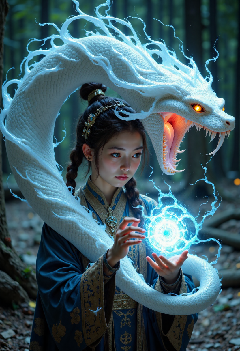 A chinese girl, with orange eyes shimmering with ancient knowledge, wearing a traditional hanfu, performs a flower of life white snake spell. A light, almost ethereal, pulsates from within the snake, its luminescence mirrored in the girl's eyes, highlighting the intricate patterns of the spell runes on the air. The air, thick with the scent of damp earth and pine, buzzes with an almost tangible magic. The scene is bathed in the light glow of the conjured beast.<lora:CustomFlux/SnakeSpell.safetensors:1.0:1.0>