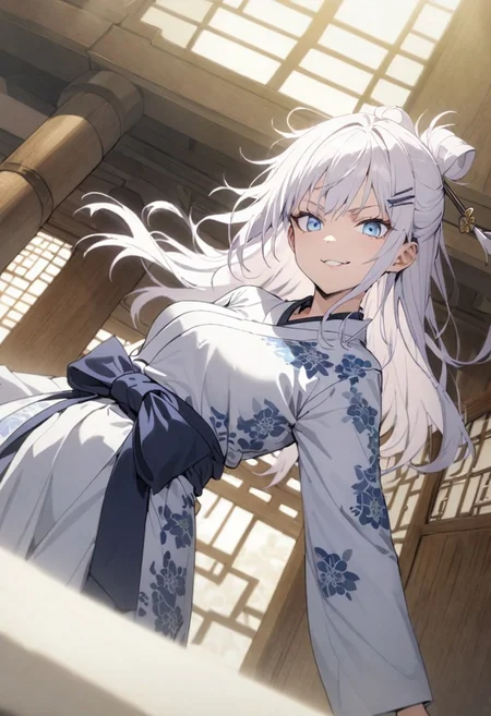 score_9, score_8_up, score_7_up, score_6_up, masterpiece, best quality, absurdres, cinematic, dynamic angle, perfect composition, solo, 1girl, medium breast, gojo satoru, blue eyes, white hair, long hair, hairpin, hanbok, long sleeves, flower pattern, Korean palace, smirk, standing, looking at viewer,