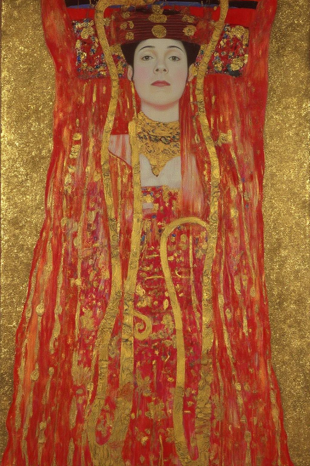 kl1mt painting.
A woman with a strikingly intricate, ornate dress and an imposing presence. The woman is shown from the waist up, draped in a flowing, elaborate robe. The dress is adorned with intricate patterns and textures, featuring a dominant color scheme of red, gold, and cream. <lora:kl1mt_cap_d6a3e12:0.8><lora:823302573311374656:0>