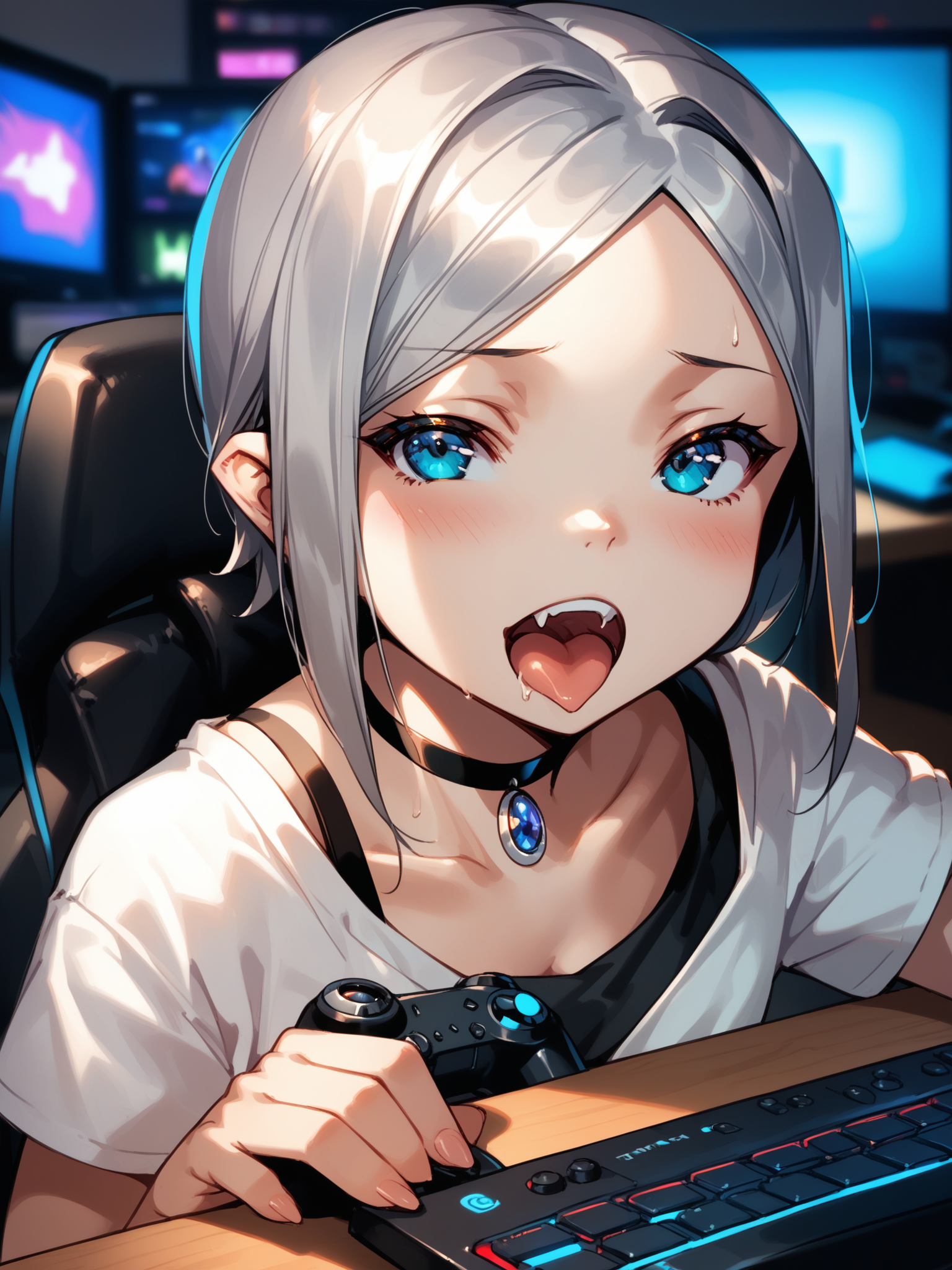 (upper body, solo focus:1.2) <lora:happy_tentacle-leia-v0.1-000033:1>, ht_leia, silver hair, blue eyes, pendant choker, (fangs:0.5), (petite:1.2), <lora:Shed_The_Skin's StS_age_slider_v1_initial_release:-1.3> ( :1.1) ( , , ( :1.2) , torogao , (looking at viewer:0.6) :1.2) , indoors, ((night, night sky :0.6), :0.8), ( :0.9), (furniture:0.9), , , , , (science fiction :0.9), desk, computer, (multiple monitors, webcam, video call:1.1), gaming chair, playing games, (studio lights:1.1), (livestream, chat log:1.1), rgb lights, ( :0.8) score_9, score_8_up, score_7_up, score_6_up, score_5_up, score_4_up, ( [(realistic, photorealistic:1.3):(realistic:1.2):16] [(3d:1.2)::14] :1) <lora:LUUNA's Lunas-NijiJourney-SDXL-B2:0.35>, nijijourney <lora:prgfrg23's Counterfeit-V3.0 Style SDXL_LoRA_Pony Diffusion V6 XL:0.5> <lora:mfcg's mfcgXL:0.12> <lora:reweik's gyokai(himehajime)_PonyXL_style_v01:0.14>