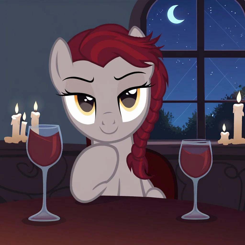 masterpiece, best quality, perfect detail, score_9, score_8_up, score_7_up, rating_safe, 1girl, Equity, pony, earth pony, merlot and red brown striped mane and tail, light gold eyes, heathered grey fur, G4, female, show accurate, dining room, sitting, sitting at table, sitting in chair, facing the viewer, wine glass, candles, hoof on table, looking at you, pov, bedroom eyes, seductive, smiling, window, night, beautiful, cute