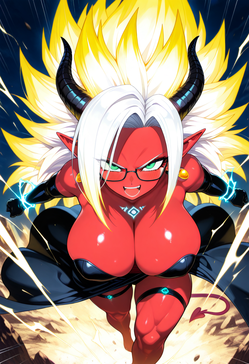 masterpiece, best quality, newest, amazing quality, very aesthetic, absurdres, anime girl, 1girl, solo, (Hela), (Hela Demon Girl), half body, huge breasts, big ass, source_anime, Shiba Eyebrows, standing, barefoot, long hair, pointy ears, breasts, white hair, (colored skin), (red skin), thigh strap, looking at viewer, demon girl, tail, arms at sides, arms relaxed, hands by sides, black background, seductive smile, mystery, intrigue, toned, toned female, upper body shot, natural beauty, natural breasts, (iper detailde eyes), (ultra detail eyes), (beautiful eyes), (detailed eyes), (detailed skin), (intricate skin details), (defined skin), (perfect eyes), blush, smug, (beautiful round breasts:1.3), Orange and black horns, horns shiny texture, horns with the tip pointing upwards, outdoors, (Face of a girl), natural beauty, detailed features, shallow depth of field. Close-up face, masterpiece, best quality, amazing quality, GTHAN, mascara, glasses, earrings, chest tattoo, lust, elbow gloves, black dress, hair over one eye, voluptuous, (aura), (ki), (energy), outdoors, (energy arms), short stack, (dynamic pose:1.4), evil grin, bright pupils, electricity, foreshortening, extreme perspective, ((spiked hair)), (super saiyan 3), ((blonde hair)), shiny, <lora:SuperSaiyanHair_pdxl_Incrs_v1:1>, (sparking aura), flying in the sky, (glowing hair:1.4), (open mouth:1.4), screaming, (angry), (green eyes), emphasis lines, intense concentration, speed lines, yellow theme, charging, furious, HD32K, charging energy, charging aura, charging ki,