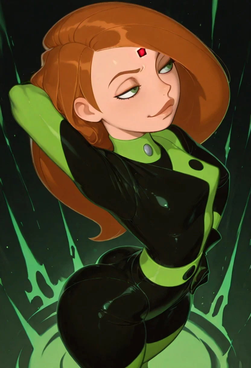 1girl, solo, masterpiece, best quality, amazing quality, absurdres BREAK mind control chip, kim possible, ginger hair, long hair, green eyes, forehead ornament, glowing red light, skinny, black and green bodysuit, two-toned uniform, gloves, green belt, evil eyes, smug, alluring, posing, dynamic pose, sexy, alluring, one hand behind head, one hand on hips, hips to side, wide hips, bubble butt, curvy, small breasts, dynamic pose, sexy, from above, green aura