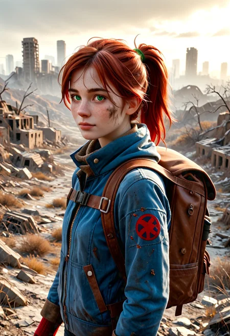 1girl, Masterpiece, 8k, ultra high detail, score_7 up, 
volumetric lighting, vivid colors, vibrant colors,  score_8_up, score_9,  small breast size, sporty red ponytail hair,  fcNeg, stunning green eyes, freckles, white skin, small nose, innocent beauty, slim face,  cute face, skinny body, perfect body, extreme detailed body, intence green eyes,  perfect face, ultra high detailed face, perfect eyes, petite, 
Cold, red dust everywhere, Wandering through ruins, 
Wasteland Tribal_Leather_Parka, fur lined, mittens, hood over head,  wasteland clothes, 
Dirty, dirty face, dirty skin, backpack filled with stuff,
  simple_big_brown_leather_backpack_full_with_stuff, 
Post Apocalyptic, big city Wasteland, skyscraper ruins,