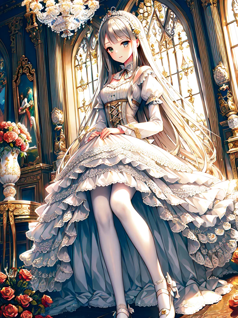 ((masterpiece)),((best quality)),(ultra-detailed),(illustration),((an extremely delicate and beautiful)),(dynamic angle), 
1girl, flowers, spring, beside window, rose, very long hair, detailed face, long eyelashes,  flower in eye,  frilled sleeves, corset, tiara, princess, 
brown eyes, clear sky, daylight, sunny, white and light blue dress, flowers, hair ornament,  white lace-trimmed legwear,  (lo classical:1.4),  <lora:lo_fashions_v5:0.64> 
bride, classical dress,