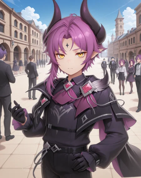 masterpiece,best quality,amazing quality, newest, very aesthetic, absurdres,
1boy, solo, yaoi, male focus, looking at viewer, cowboy shot, standing,
<lora:Veigas_T_Default_ilxl:1> veigastdefault, demon horns, yellow eyes, purple hair, pointy ears, forehead mark, demon boy, parted bangs, black horns,asymmetrical hair,
formal, tuxedo, neck ribbon, white shirt, collared shirt, black pants, shoes, black footwear, suit jacket, black jacket,
outdoors, day, blue sky, building, people,