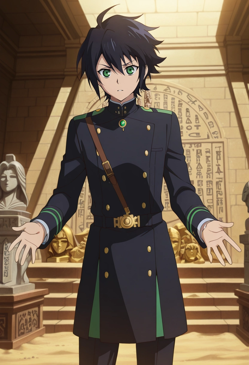 masterpiece, best quality, , anime screencap, anime coloring, official style, , 1boy, solo, male focus, <lora:yuuichirou_hyakuya_ilxl:0.9>, yuuichirou_hyakuya, black hair, green eyes, short hair, hair between eyes, ahoge, , desert temple, sand-worn statues, hieroglyphs, treasure room, exploring pose, focused expression, filtered light, conductor costume