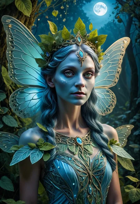 masterpiece, cinematic focus, award winning portrait of the beautiful fairy queen, ligt blue skin, flourescent butterfly wings, mesmerizing austere gaze, leaf dress, small faeries around the dress, full moon backgound, intricate details, flourishing nature, druidic magic, celtic folklore atmosphere