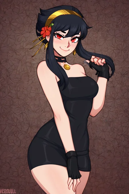 score_9, score_8_up, score_8, medium breasts, (curvy), cute, eyelashes, closed mouth, BREAK, , BREAK, YorForger, 1girl, black hair, red eyes, short hair with long locks, gold hairband, hair flower, black choker, black dress, sleeveless, off shoulder, floral print, fingerless gloves, <lora:YorForgerXLpony004:0.8>,, <lora:Afrobull_PDXL_v4:0.8>, , BREAK, smile, looking at viewer, cowboy shot, embedding:zPDXL, Expressiveh, <lora:SDXLFaeTastic2400:0.5>, <lora:Expressive_H-000001:0.4>,