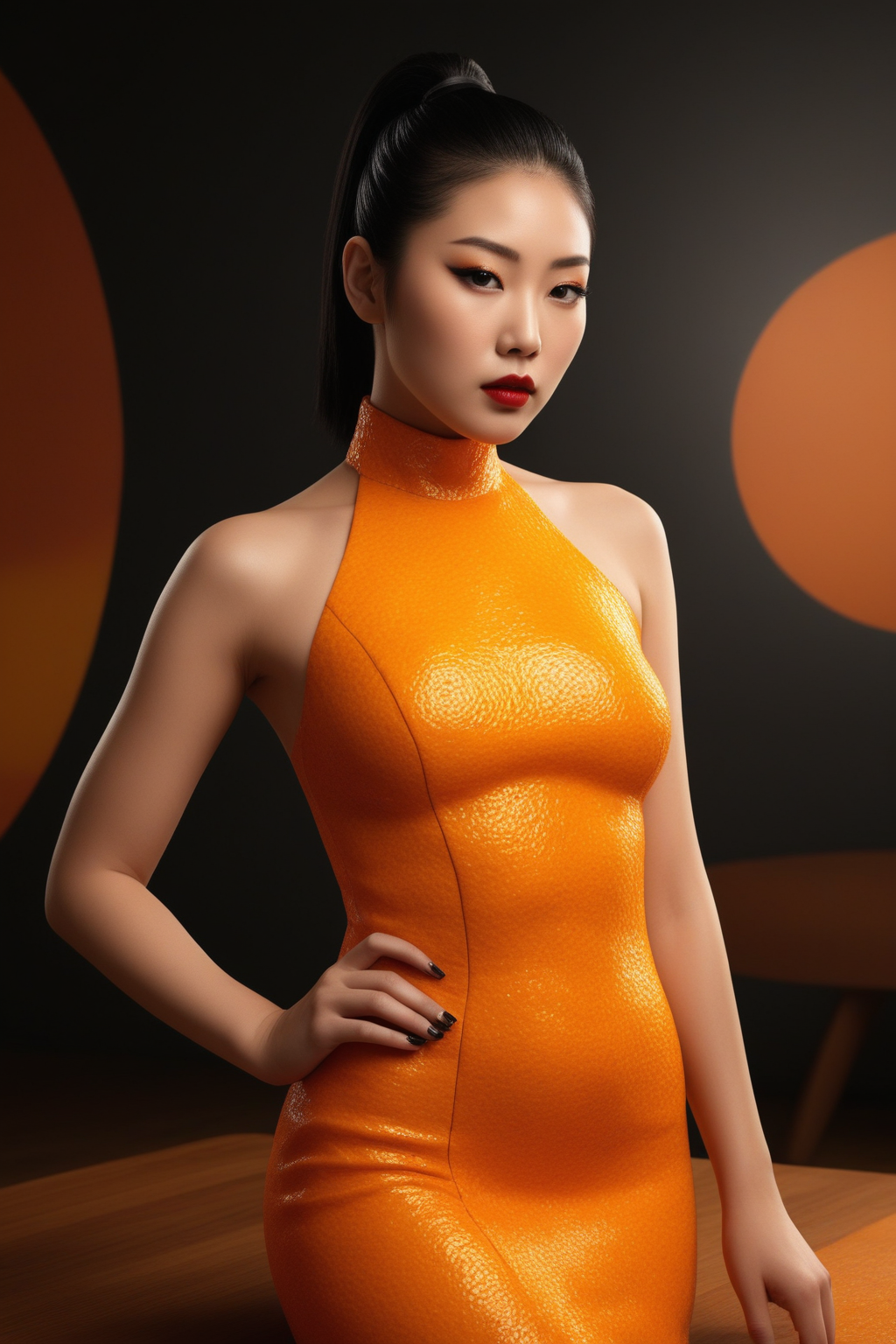 high quality,masterpiece,ultra-high resolution,incredible composition,extremely detailed, <lora:Orange_Peel:0.7>, A young Korean woman with a sharp, angular face, her sleek black hair styled in a high ponytail, wearing bold, smoky makeup with dramatic eyeliner and deep red lipstick. She dons a form-fitting dress crafted entirely from orange peel, its bumpy, glossy citrus texture clinging to her curves, shimmering under soft lighting. Photographed in ultra-high resolution at a medium distance, emphasizing the intricate details of the orange peel fabric. The indoor background is a modern minimalist loft with warm wooden floors, soft ambient lighting, and scattered orange slices on a sleek glass table, evoking a sensual, sophisticated food photography aesthetic.
