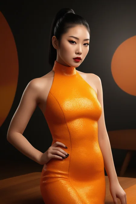 high quality,masterpiece,ultra-high resolution,incredible composition,extremely detailed, <lora:Orange_Peel:0.7>, A young Korean woman with a sharp, angular face, her sleek black hair styled in a high ponytail, wearing bold, smoky makeup with dramatic eyeliner and deep red lipstick. She dons a form-fitting dress crafted entirely from orange peel, its bumpy, glossy citrus texture clinging to her curves, shimmering under soft lighting. Photographed in ultra-high resolution at a medium distance, emphasizing the intricate details of the orange peel fabric. The indoor background is a modern minimalist loft with warm wooden floors, soft ambient lighting, and scattered orange slices on a sleek glass table, evoking a sensual, sophisticated food photography aesthetic.