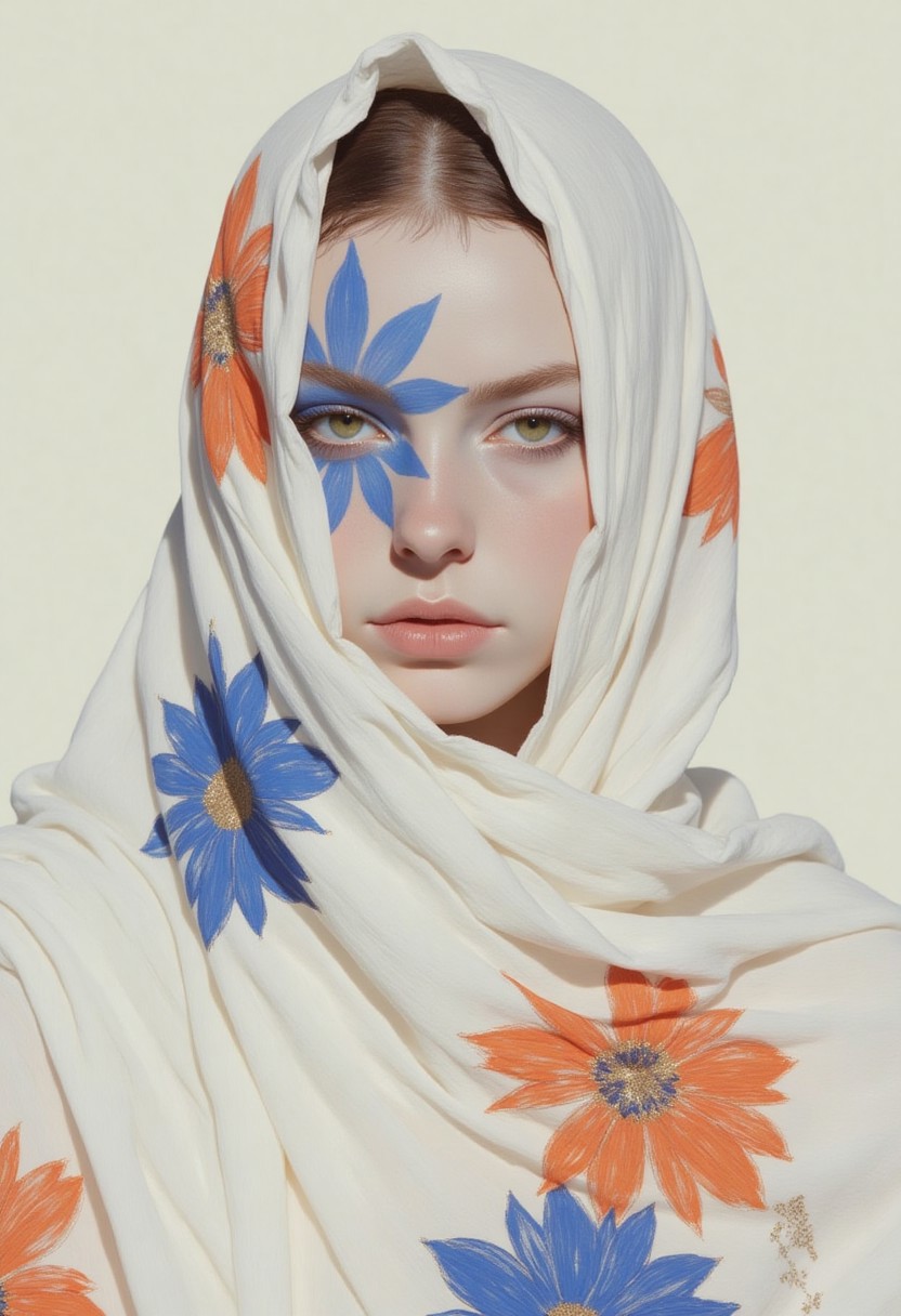 Nixport of a woman with pale skin and striking blue and white makeup on her face, resembling a tribal or abstract art pattern. Her eyes are a vivid green, and her lips are painted a soft pink. She is wrapped in a sheer, white fabric adorned with large, colorful floral patterns in shades of blue, orange, and gold. The fabric drapes over her head and shoulders, partially obscuring her face and framing her profile. Her expression is contemplative, with a slight downturn to her lips, suggesting a sense of introspection or melancholy. The background is a plain, off-white, which serves to highlight her face and the vibrant colors of her attire. The texture of the fabric appears smooth and delicate, contrasting with the bold, geometric makeup on her face. The overall composition of the photograph is minimalistic, focusing on the interplay between the woman's face, the makeup, and the fabric, creating a sense of depth and mystery. The photograph is likely part of a fashion or art project, emphasizing the blending of traditional and contemporary aesthetics.