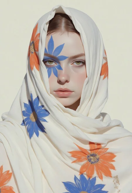 Nixport of a woman with pale skin and striking blue and white makeup on her face, resembling a tribal or abstract art pattern. Her eyes are a vivid green, and her lips are painted a soft pink. She is wrapped in a sheer, white fabric adorned with large, colorful floral patterns in shades of blue, orange, and gold. The fabric drapes over her head and shoulders, partially obscuring her face and framing her profile. Her expression is contemplative, with a slight downturn to her lips, suggesting a sense of introspection or melancholy. The background is a plain, off-white, which serves to highlight her face and the vibrant colors of her attire. The texture of the fabric appears smooth and delicate, contrasting with the bold, geometric makeup on her face. The overall composition of the photograph is minimalistic, focusing on the interplay between the woman's face, the makeup, and the fabric, creating a sense of depth and mystery. The photograph is likely part of a fashion or art project, emphasizing the blending of traditional and contemporary aesthetics.