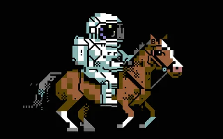 <lora:petscii:1.0> petscii, masterpiece, best quality, solo, astronaut, sitting on animal, horse, black background