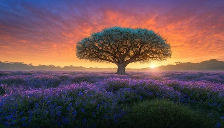 amazing photograph of gorgeous view, award winning, breathtaking, photo of the year, 4k, hyperrealistic, dramatic lighting <lora:Earth35_000010:0.4> <lora:Landscape_Unleashed:0.8>
1. Tree in the field during sunset with purple flowers around it. 2. The sky is blue and foggy, creating a serene atmosphere. 3. This scene appears to be set against an orange sunset.