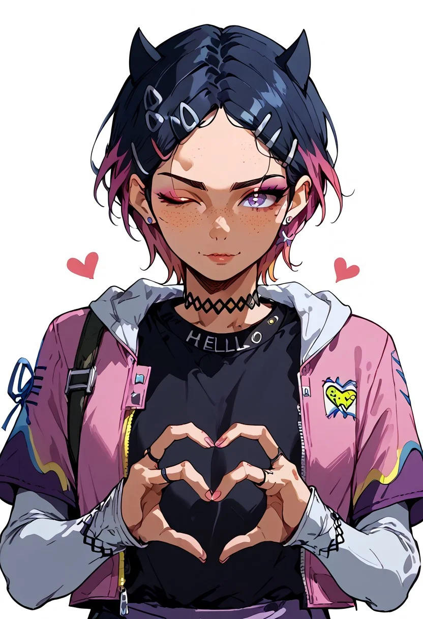 clove (valorant), freckles, solo, looking at viewer, short hair, two-tone hair, eyeliner, choker, jewelry, hairclip, jacket, black shirt, upper body, heart hands, wink, white background <lora:Valorant_Clove-PONY:1>, score_8_up, score_7_up, score_6_up, score_5_up, score_4_up, 0n3sp3g