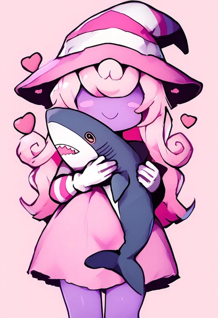 sscore_9, score_8_up, score_7_up, score_6_up, score_5_up, score_4_up, 1girl, solo, sfw, bedroom background, vivian_(\paper_mario\), purple body, ghost, pink hair, hair covering eyes, long hair, pink nightgown, pink hat, witch hat, gloves, hugging, shark, stuffed shark, smiling, hearts