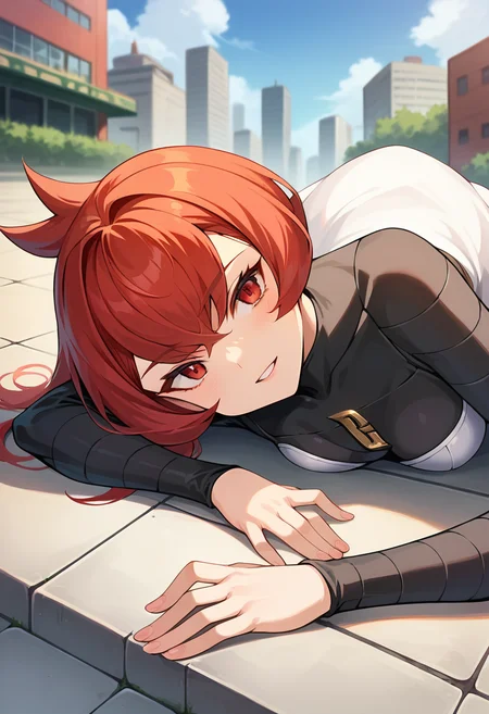 score_9, score_8_up, score_7_up, source_anime, masterpiece, 1girl, red hair, ctianm4rs, bodysuit, white short dress, outdoors, city, depth of field, looking at viewer, lying, on ground, <lora:Mars_pokemon_pony_ct_version2:1>